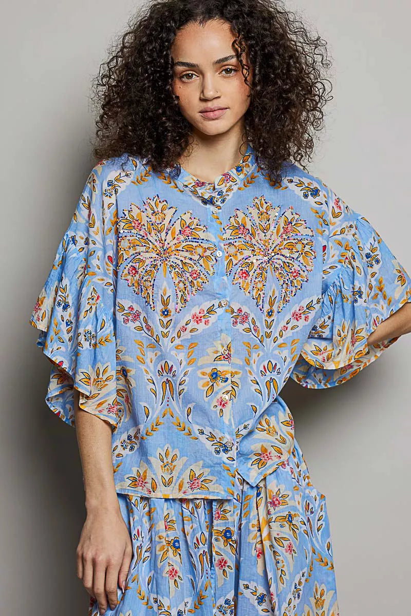 POL Floral Printed Woven Ruffle Sleeve Shirt Secondary image
