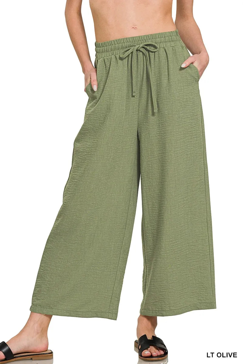 Zenana Woven Crepe Elastic Band Waist Cropped Pants Secondary image