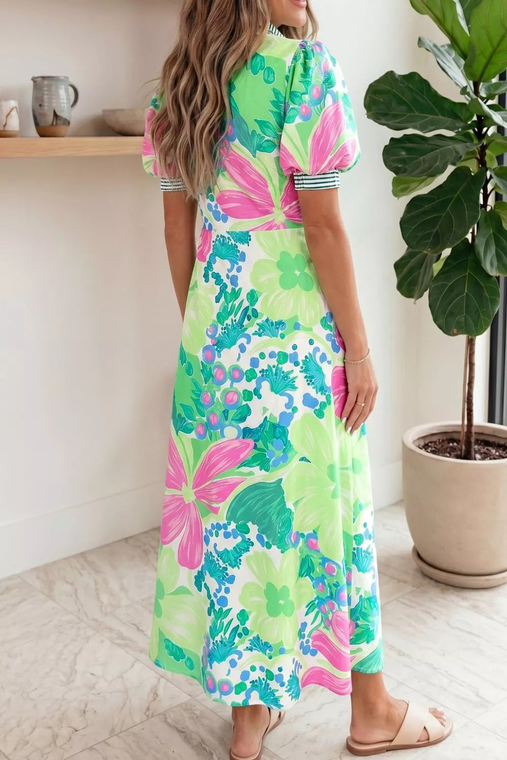 Floral Print Button-Up Midi Dress with Puff Sleeves Secondary image