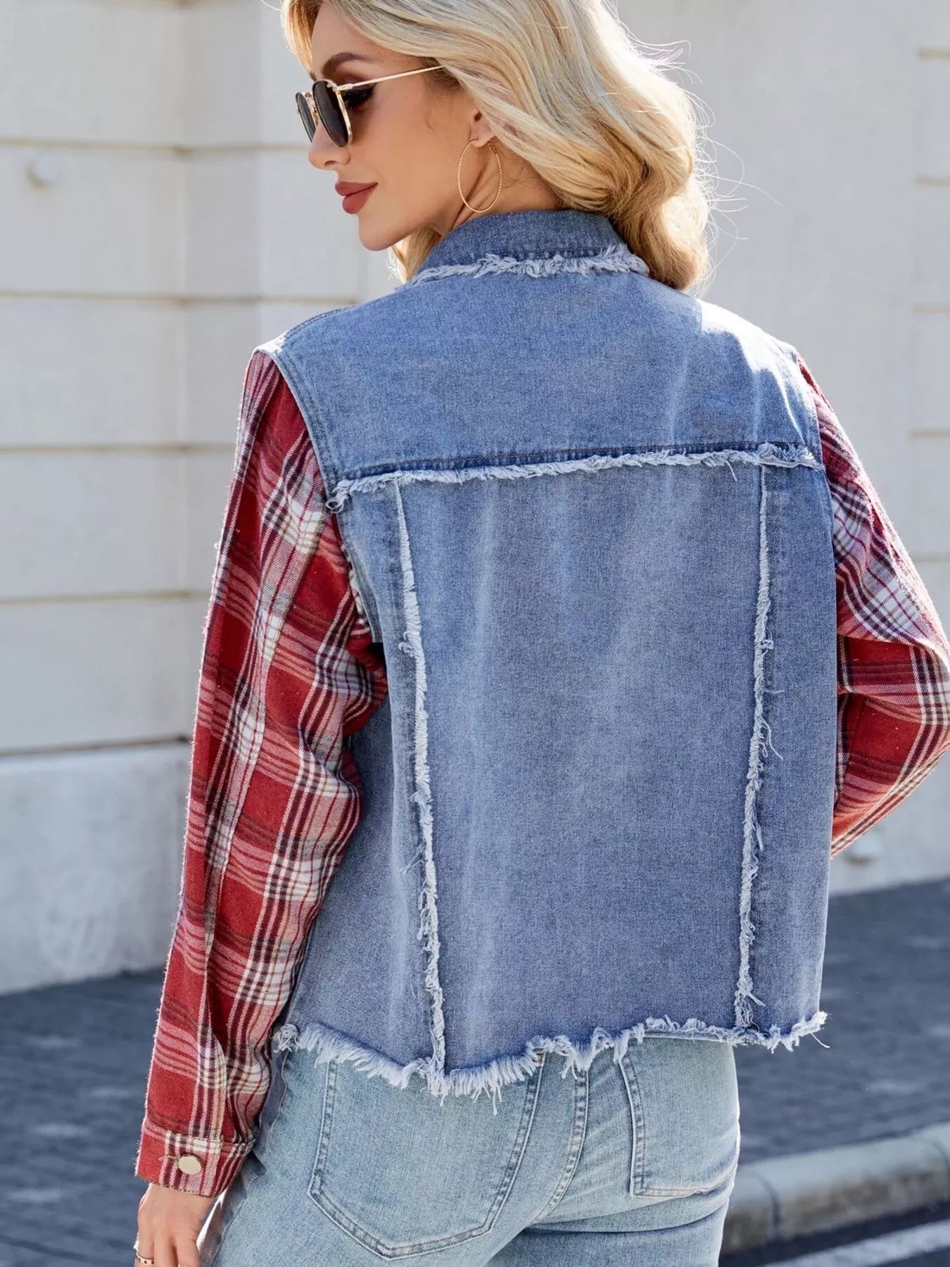 Raw Hem Plaid Sleeve Denim Jacket Secondary image
