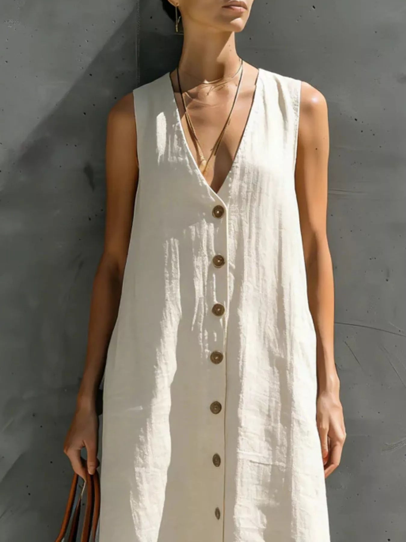 Full Size Sleeveless V-Neck Button-Down Linen Maxi Dress Plus Size Secondary image
