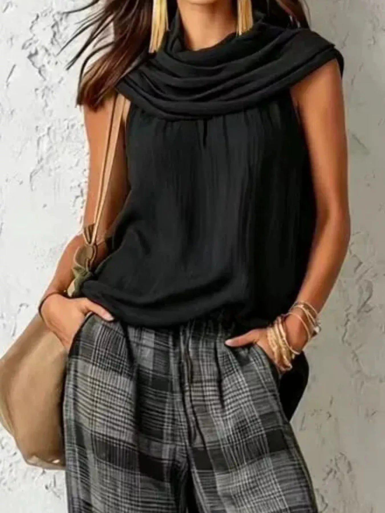 Full Size Sleeveless Cowl Neck Top and Plaid Wide-Leg Pant Two-Piece Set Plus Size Secondary image