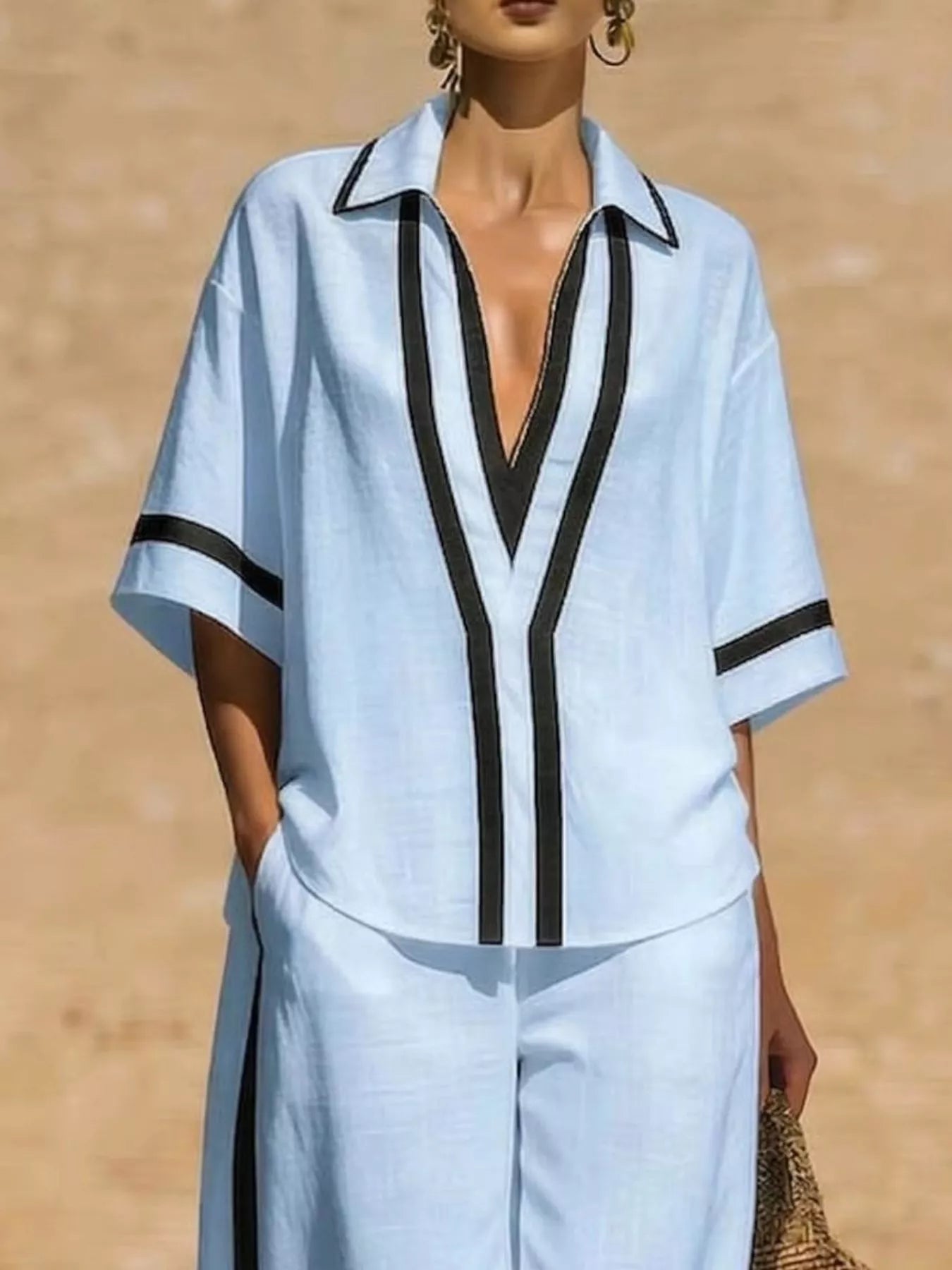 Full Size Contrast Trim Top and Pants Set Plus Size Secondary image