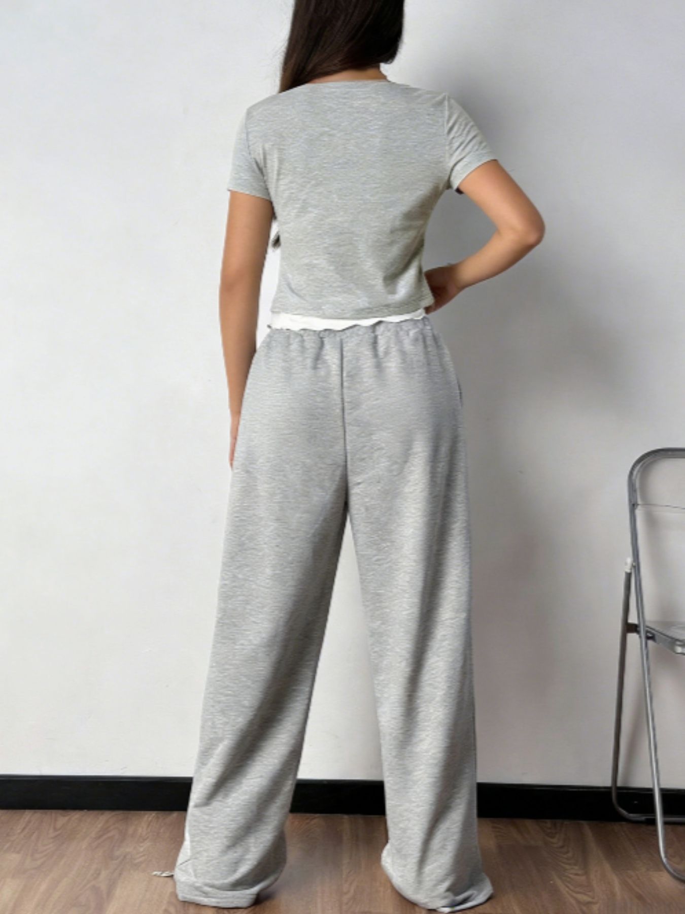 Tie Front Short Sleeve Top and Pants Set Secondary image