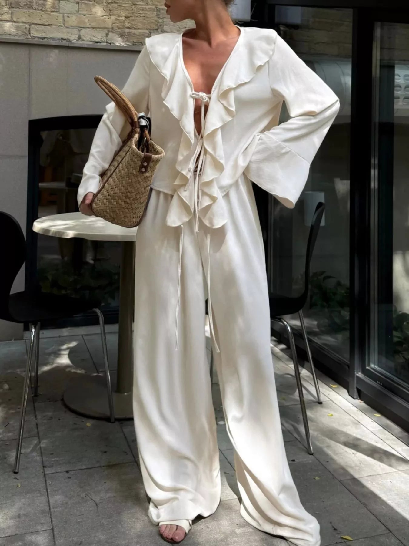 Ruffle Trim Tie Front Top and Pants Set Secondary image