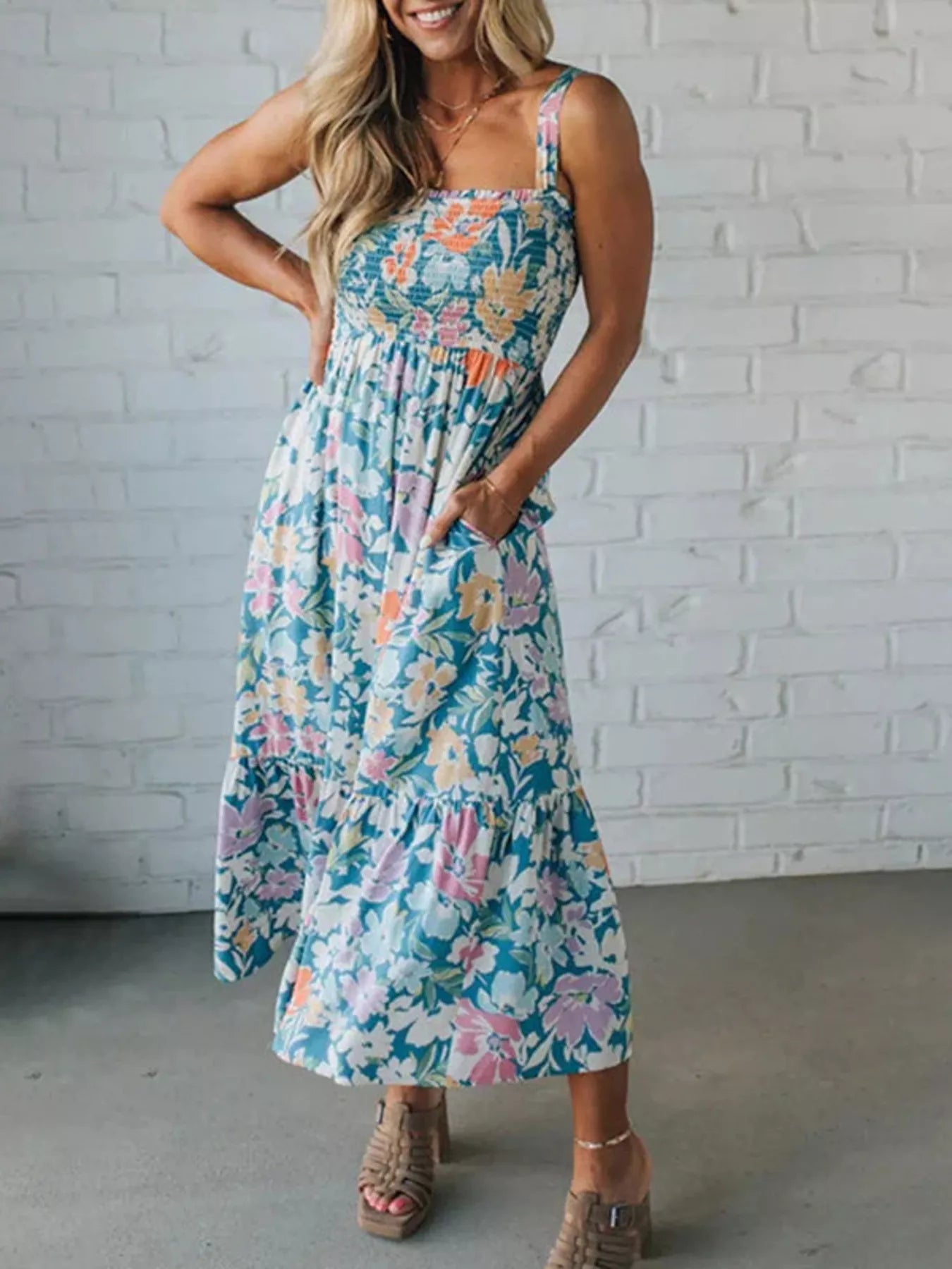 Floral Smocked Square Neck Midi Dress Secondary image
