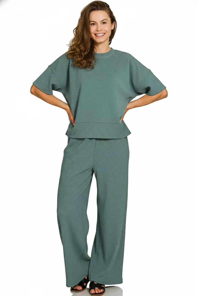 Zenana Ribbed Round Neck Tee & Pants Set Secondary image