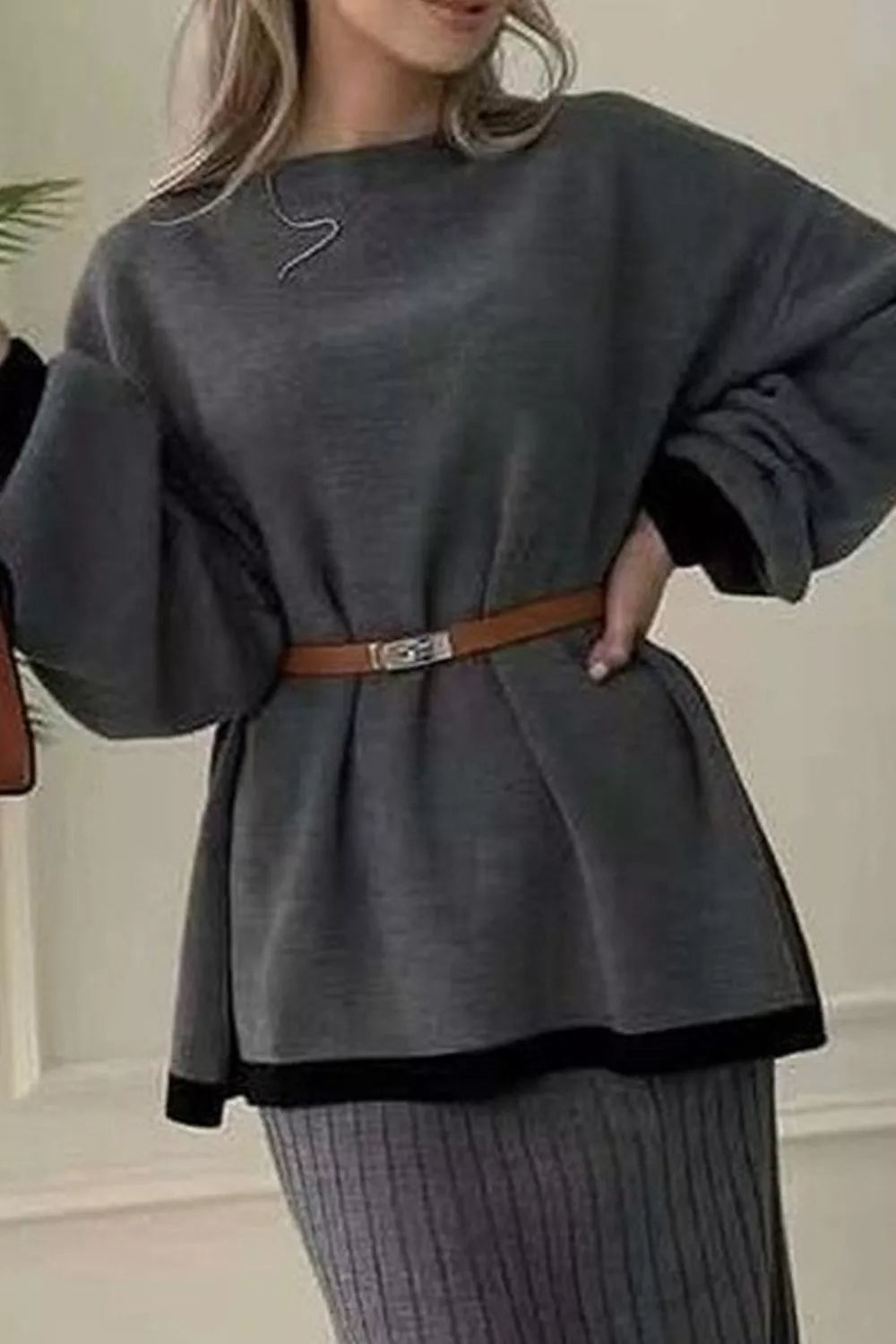 Contrast Trim Ribbed Knit Sweater and Skirt Set Secondary image