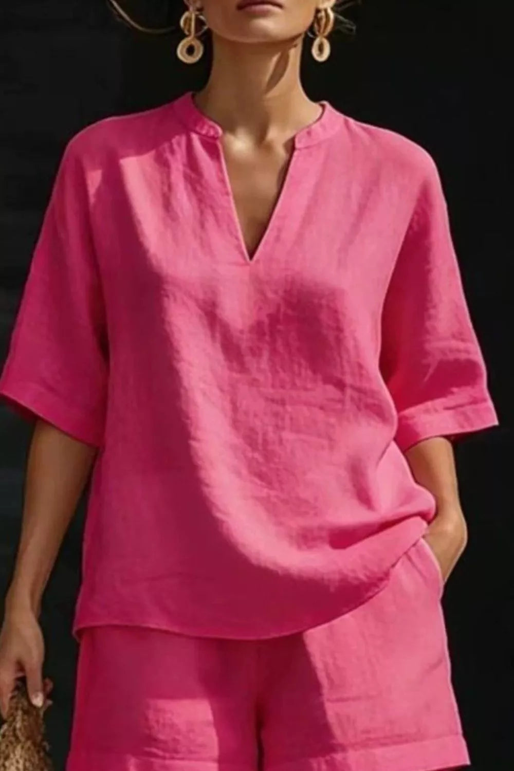 Notched Half Sleeve Top and Shorts Set Secondary image