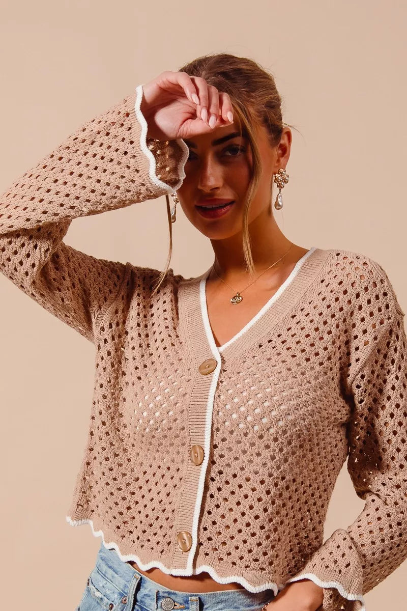SO ME Open Knit Light Weight Sweater Cardigan With Contrast Wavy Scallop Edge Secondary image