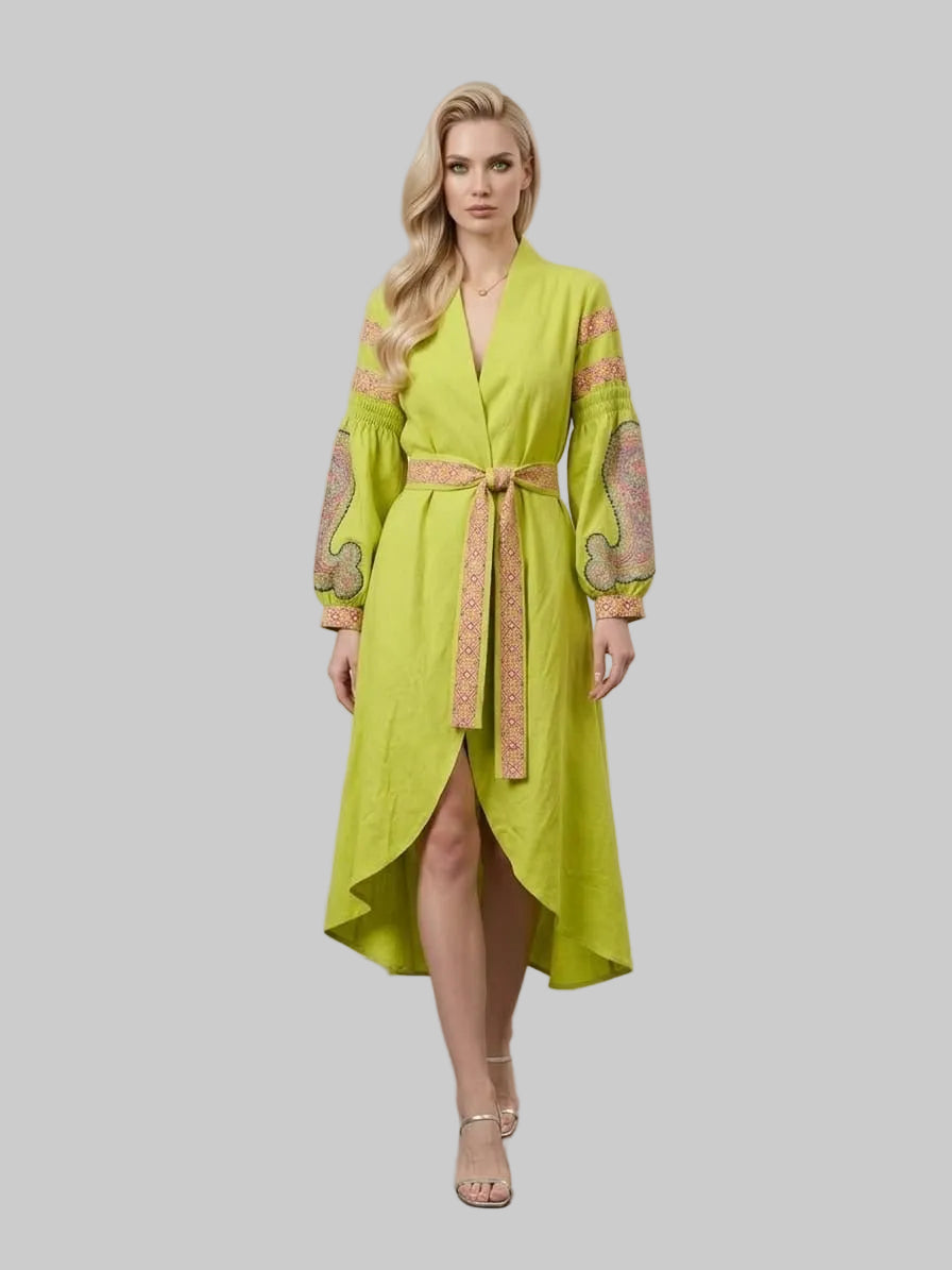 Lime Wrap Midi Dress with Embroidered Sleeves & Waist Tie Main image
