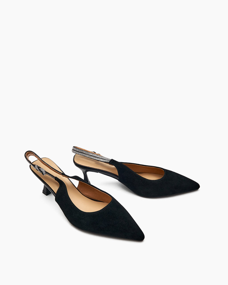 Suede Rhinestone Decor Kitten Heeled Sandals