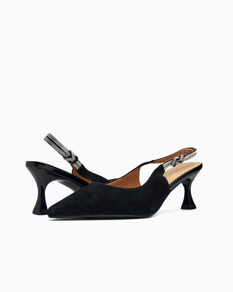 Suede Rhinestone Decor Kitten Heeled Sandals
