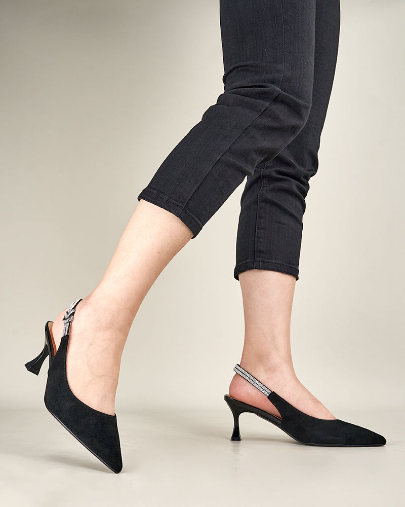 Suede Rhinestone Decor Kitten Heeled Sandals