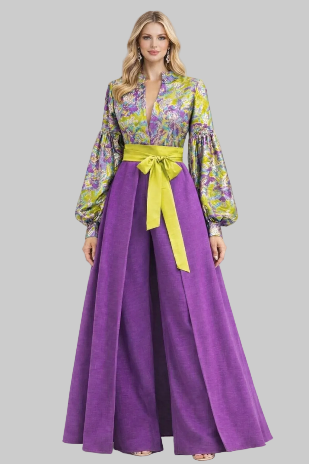 Long Floral Jacquard Puff Sleeve Dress with Satin Waist Bow – Purple & Lime Main image