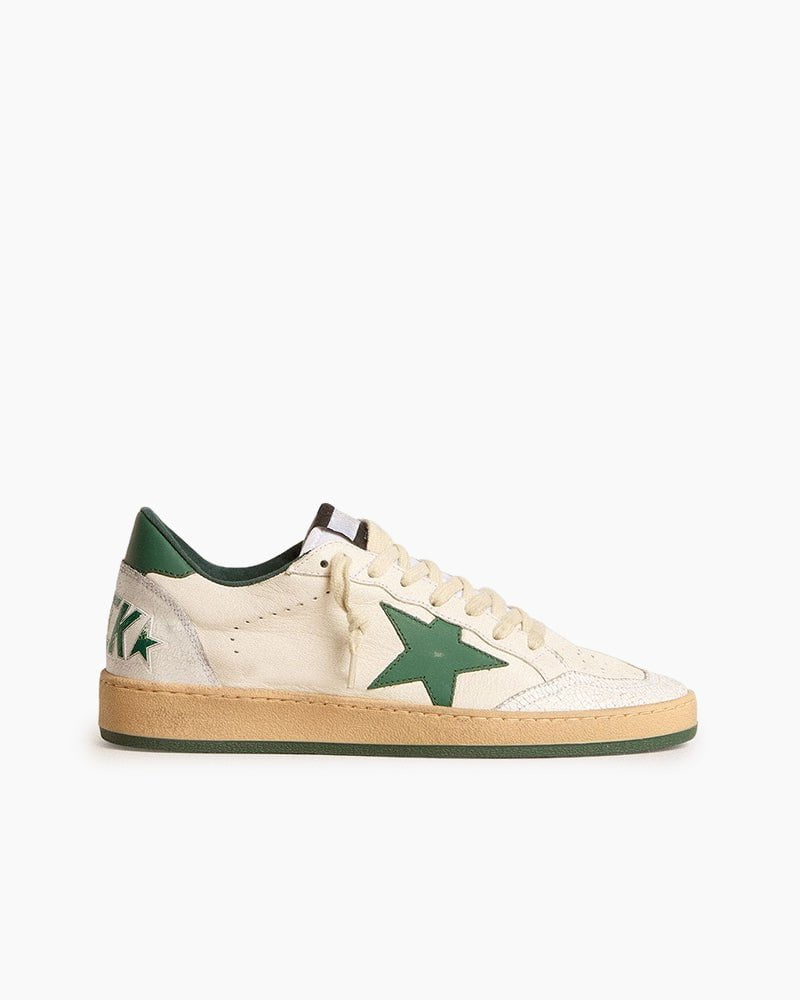 Men's White Nappa Leather Sneakers with Green Leather Star and Heel Tab