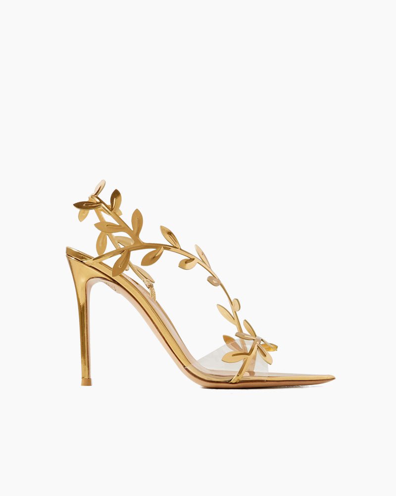 Gold Leaf Stiletto Heels Transparent Straps Sandals