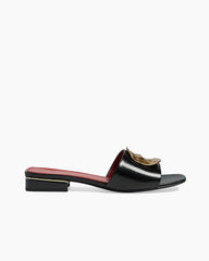 Gold Leaf Accent Black Flat Slide Sandals