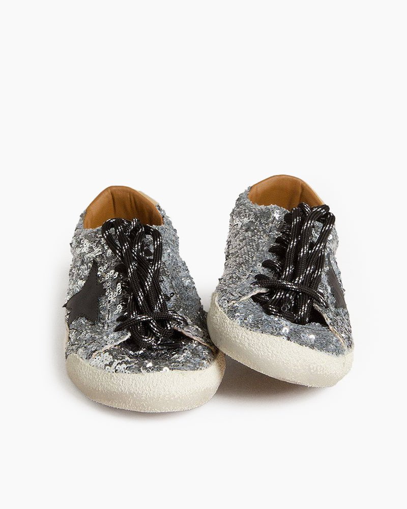 Silver Sequins Sneakers with Black Star and Beige Heel Tab