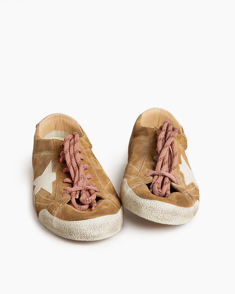 Men's Tobacco Colored Suede Nappa Leather Sneakers with White Star and Gold Heel Tab