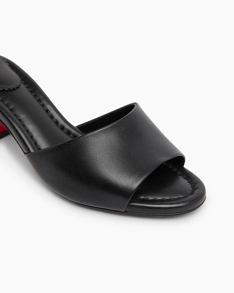 Black Leather Red Sole Block Heel Mule Sandals