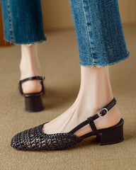 Woven Buckle Strap Slingback Chunky Heel Sandals