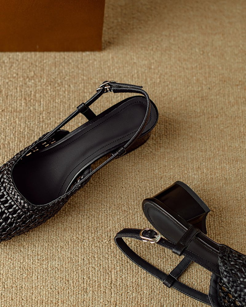 Woven Buckle Strap Slingback Chunky Heel Sandals