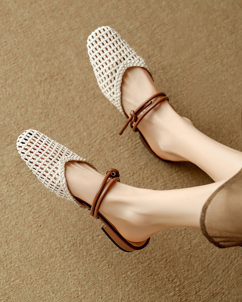 Woven Knotted Strap Block Heel Slip-On Sandals
