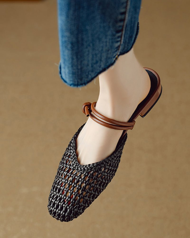 Woven Knotted Strap Block Heel Slip-On Sandals