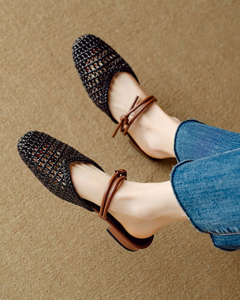 Woven Knotted Strap Block Heel Slip-On Sandals