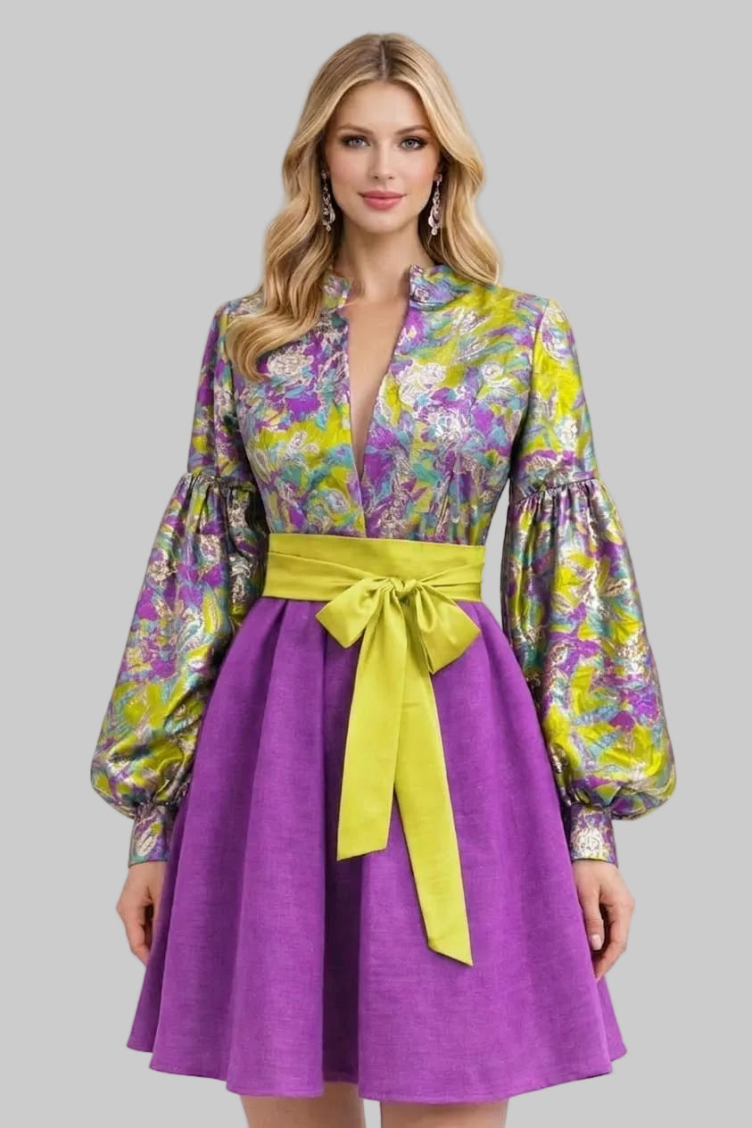 Short Floral Jacquard Puff Sleeve Dress with Satin Waist Bow – Purple & Lime Main image