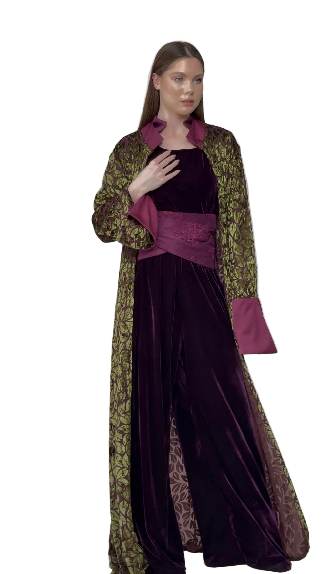 Royal Velvet Long Cardigan with Brocade Details – Luxury Evening Layer Main image