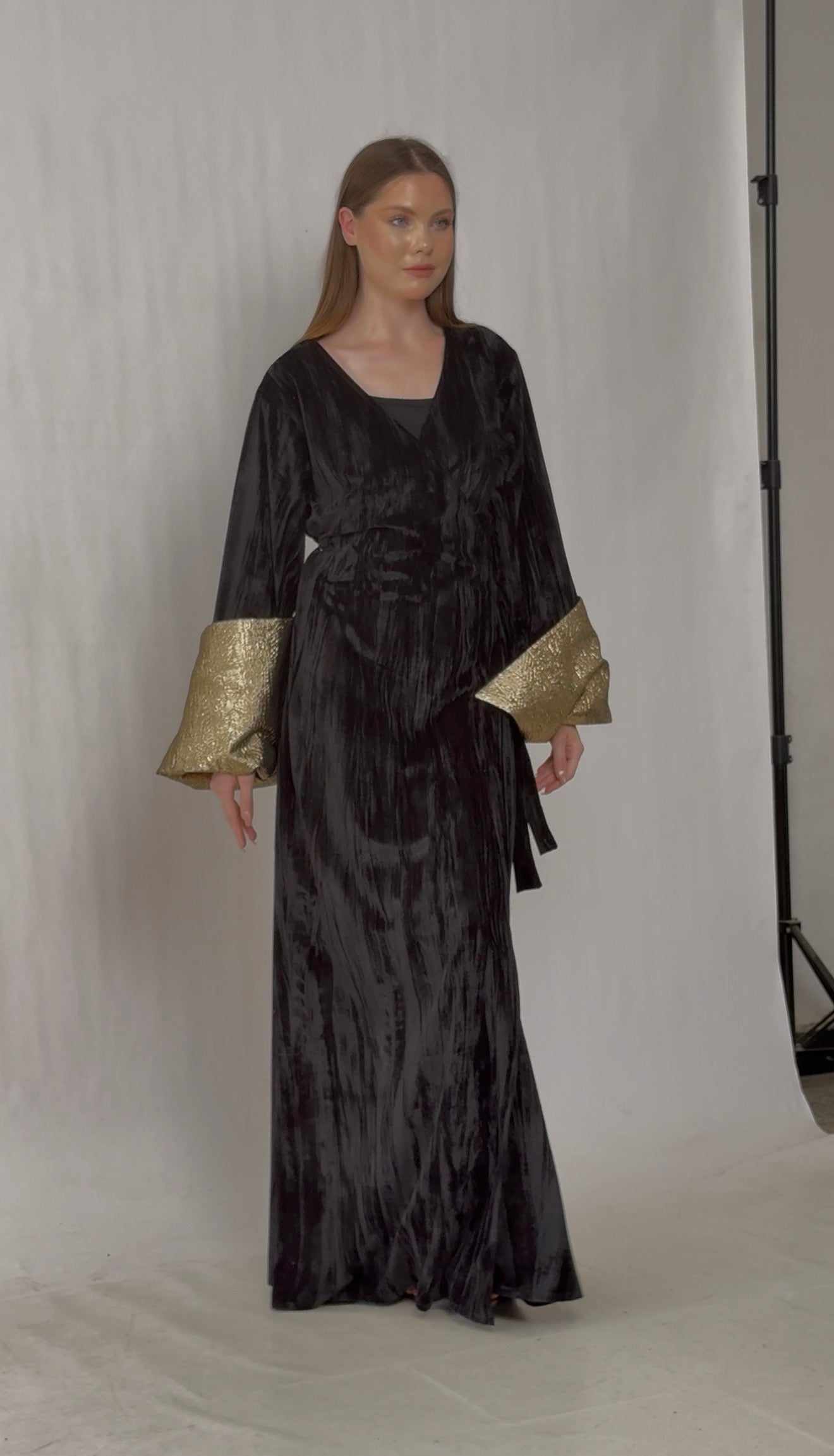 Black & Gold Velvet Kimono Maxi Dress – Statement Sleeve Evening Kaftan Secondary image