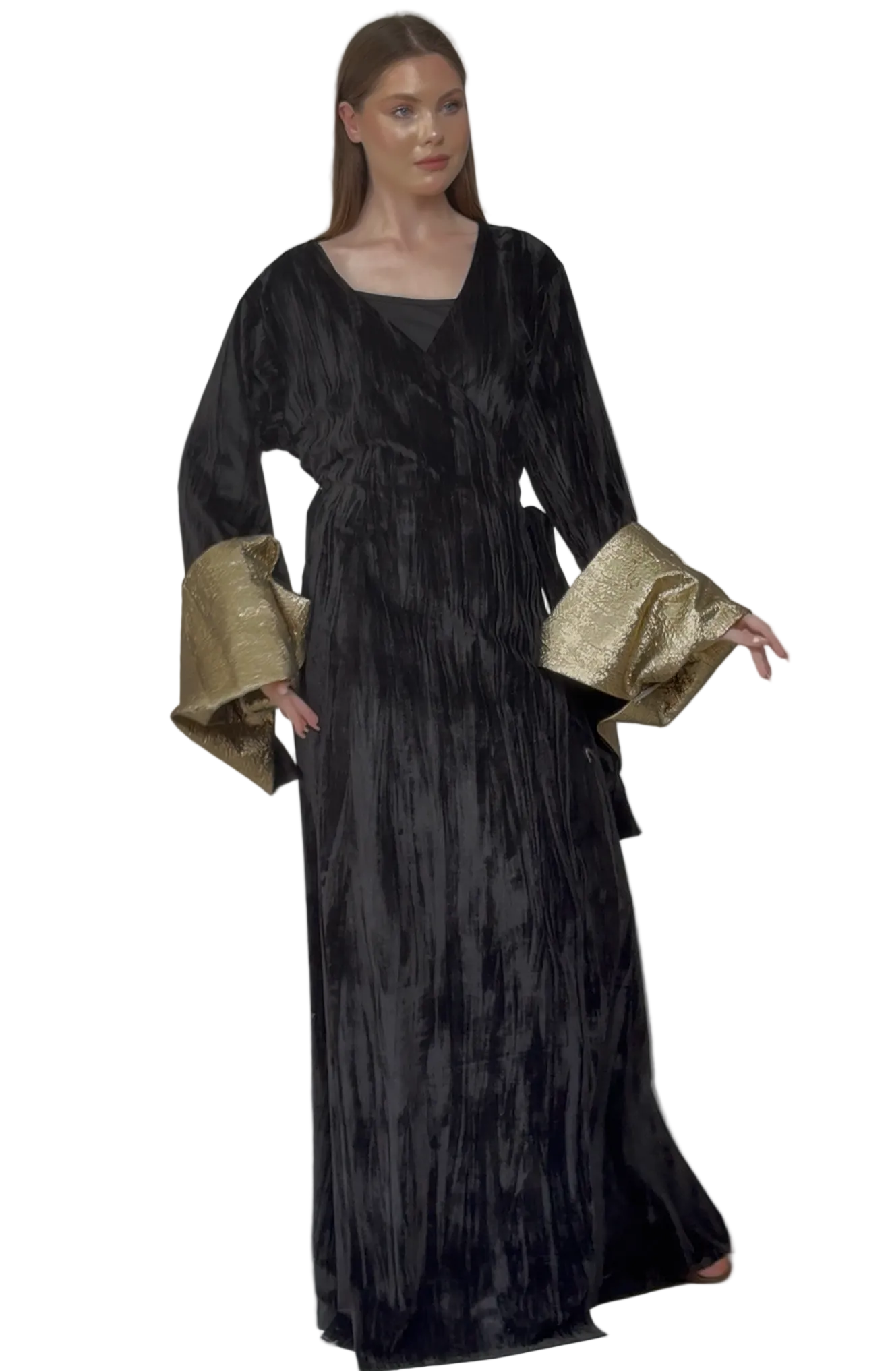Black & Gold Velvet Kimono Maxi Dress – Statement Sleeve Evening Kaftan