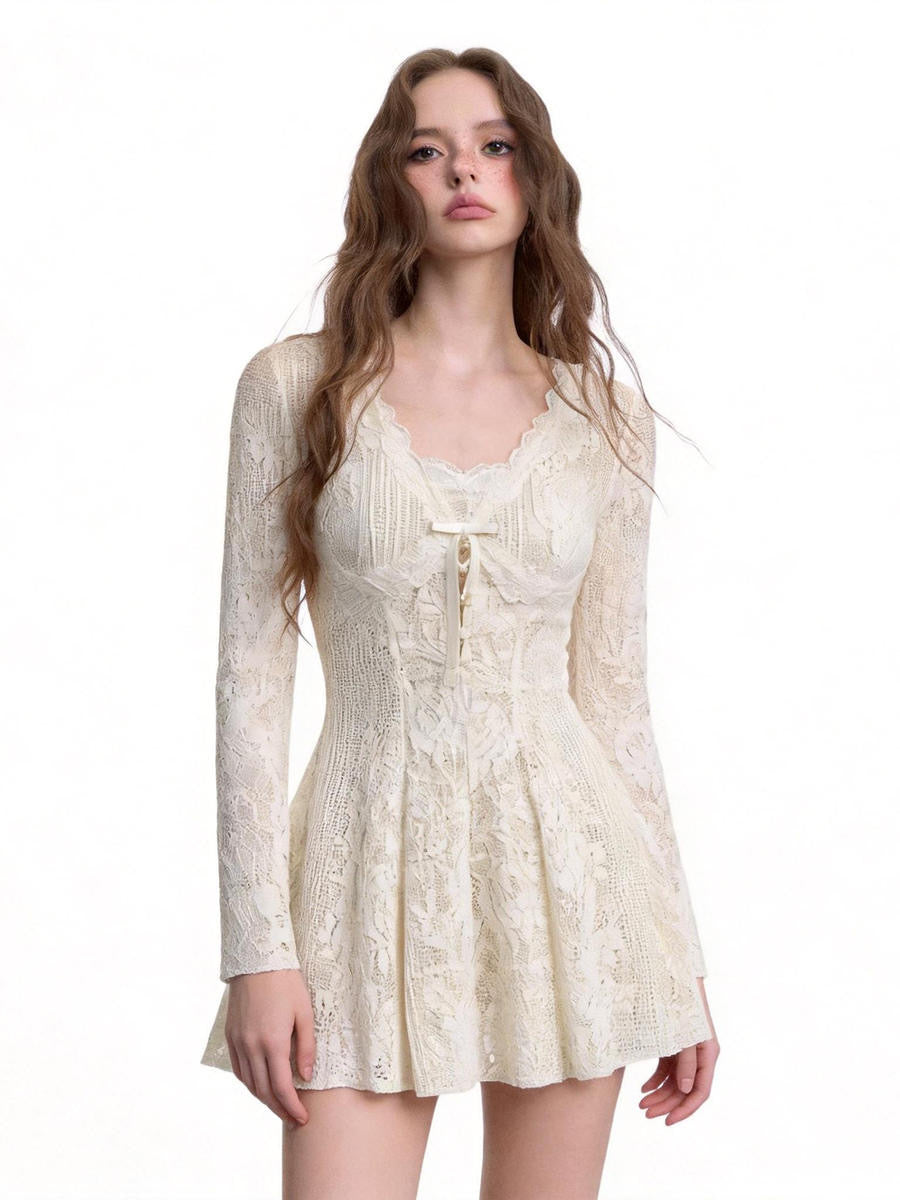 White Lace Mini Dress | Slim Fit French Style V-Neck Gown