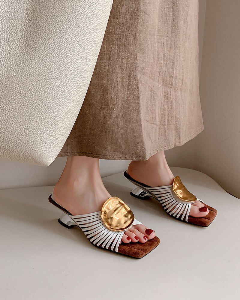 Gilded Emblem Metallic Strap Slides Mules
