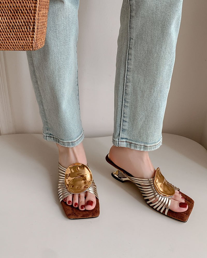 Gilded Emblem Metallic Strap Slides Mules