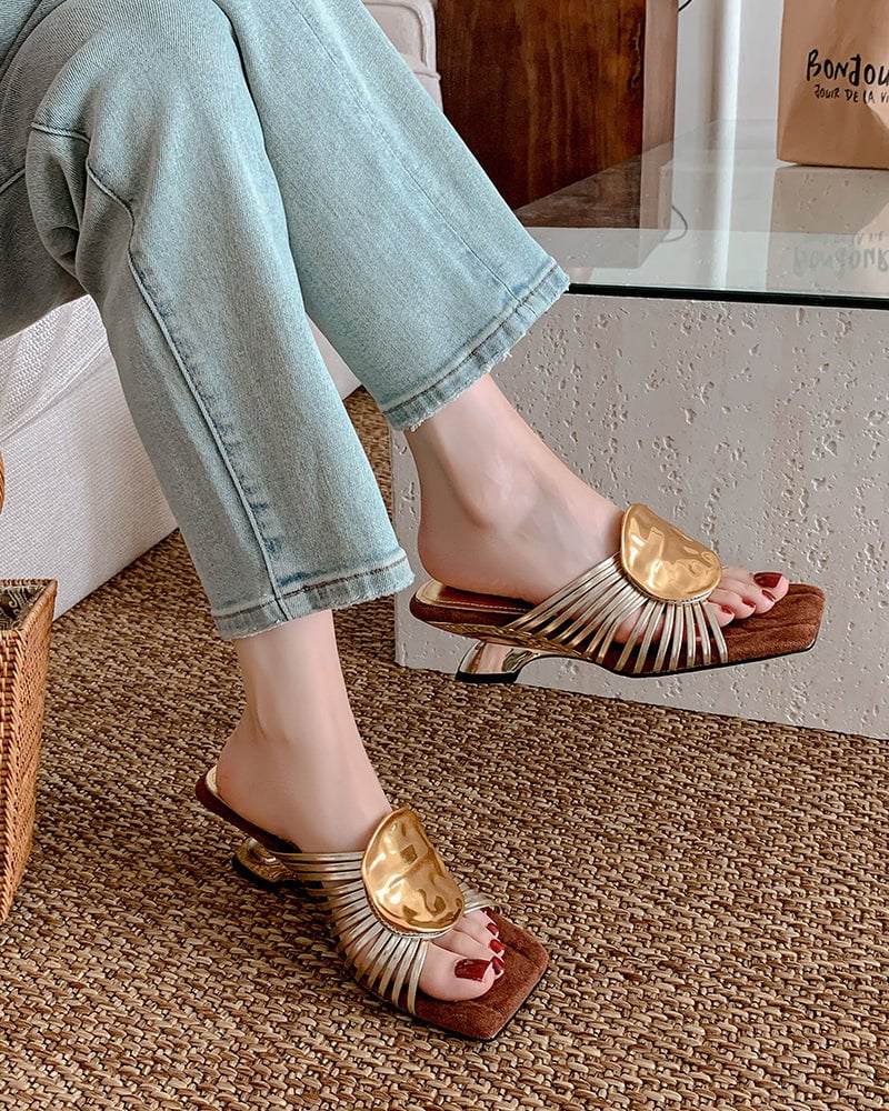 Gilded Emblem Metallic Strap Slides Mules