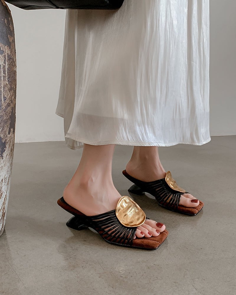 Gilded Emblem Metallic Strap Slides Mules