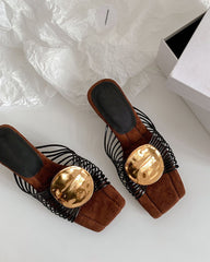Gilded Emblem Metallic Strap Slides Mules