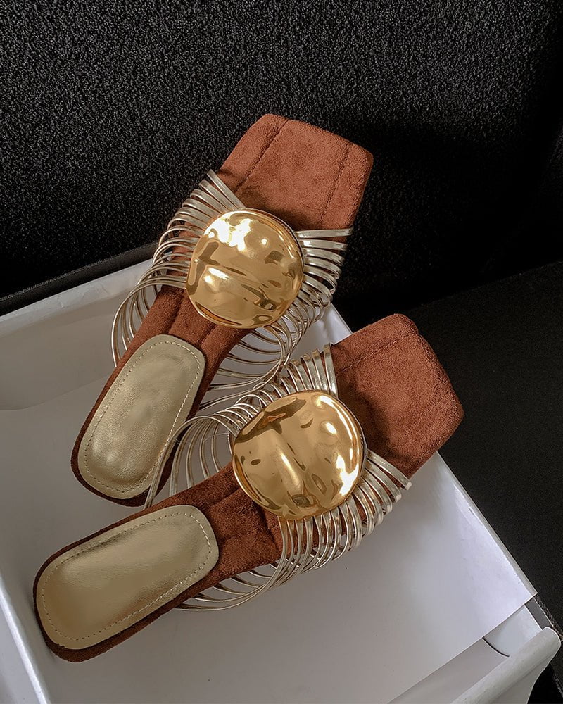 Gilded Emblem Metallic Strap Slides Mules