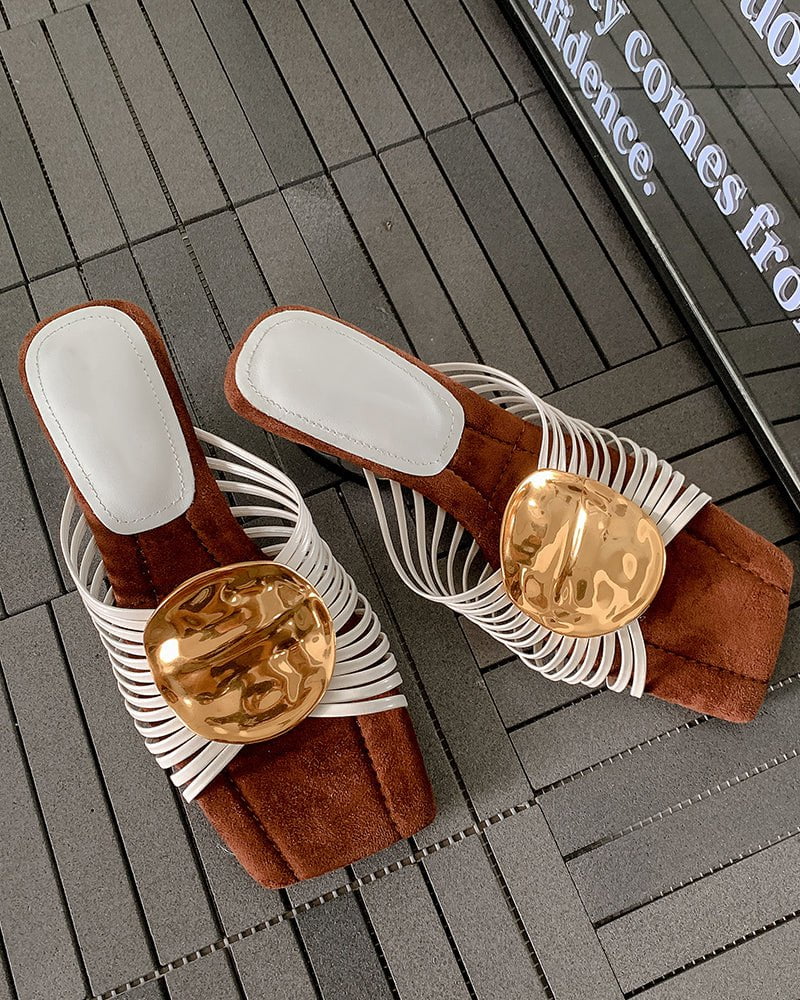 Gilded Emblem Metallic Strap Slides Mules
