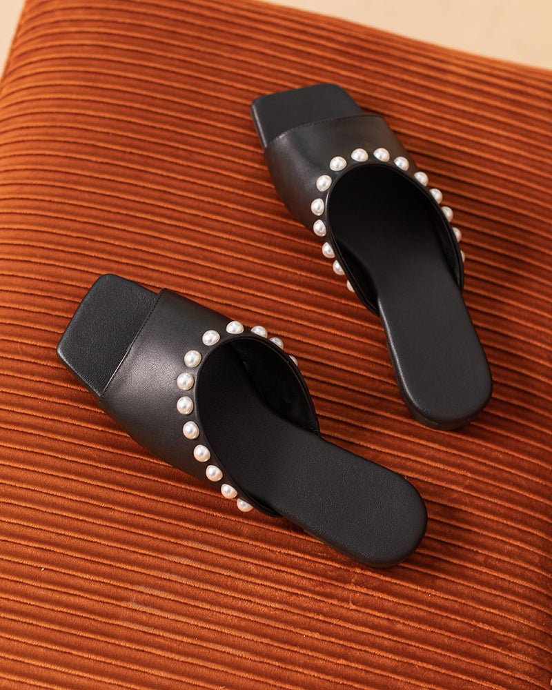 Pearl Embellished Square Toe Flat Slide Sandals
