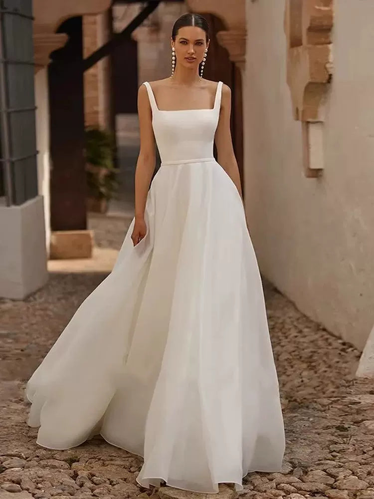 Spaghetti Strap Satin Wedding Dress White Simple Secondary image