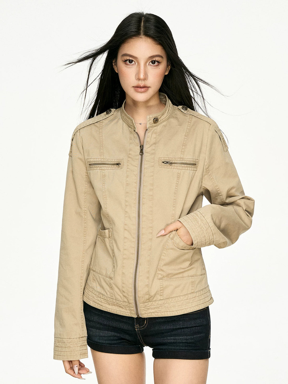 Retro Distressed Stand Collar Cropped Jacket - back view