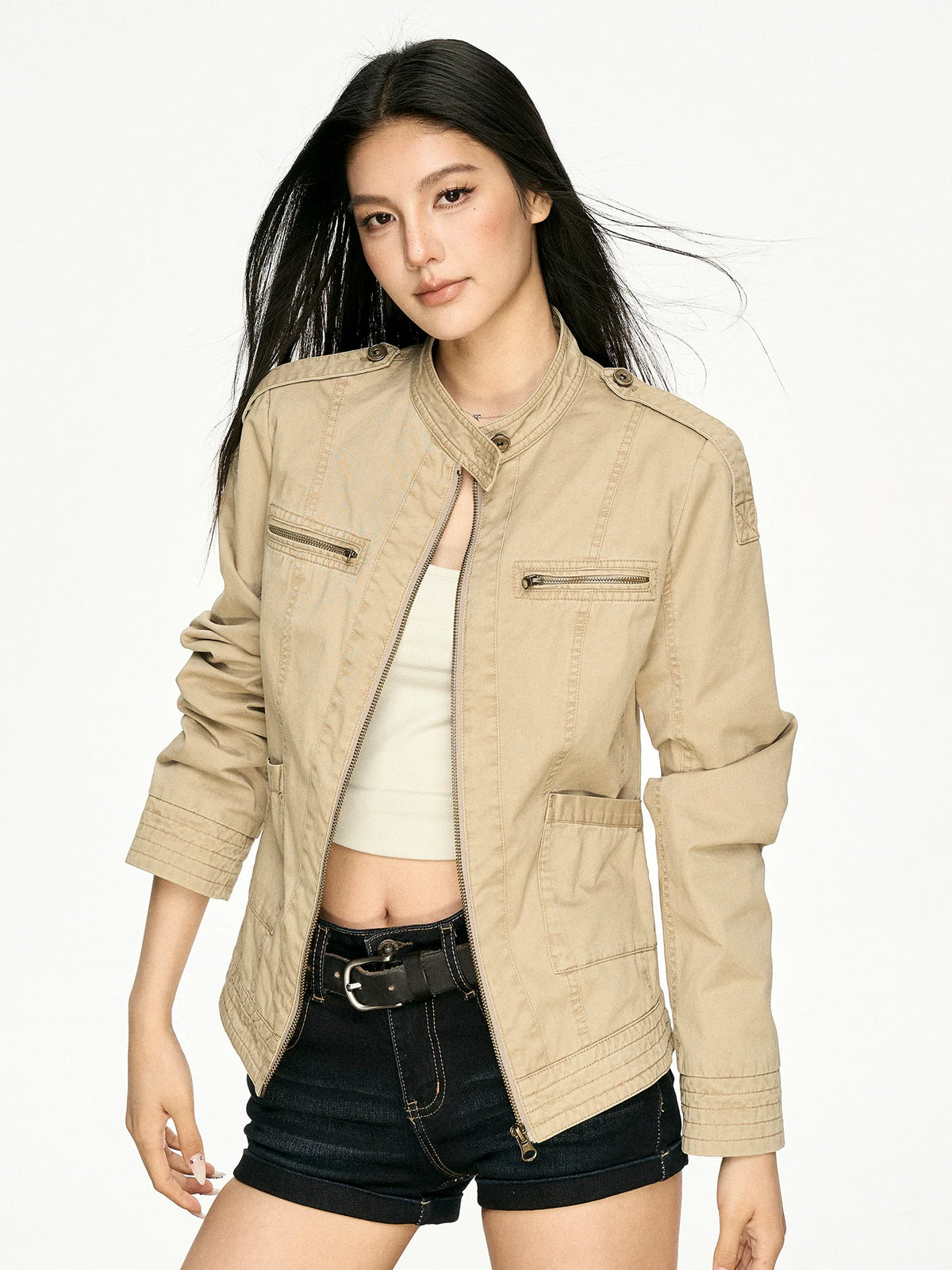 Retro Distressed Stand Collar Cropped Jacket - side view
