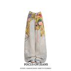 American Style Retro High Waist Loose Fit Denim Blue Trousers for Women