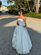 French Style Off-Shoulder Split Midi Dress Ruched Waist Slimming A-Line Skirt Vacation