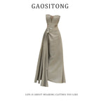 French Retro Light Khaki Mesh Stitching Fishbone Tube Top Long Skirt for Women