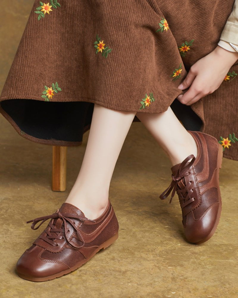Retro Brown Nappa Leather Vintage Lace-Up Sneakers